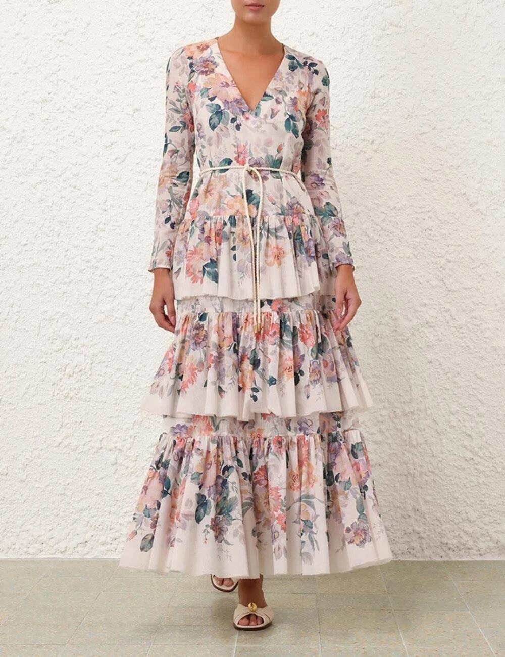 Zimmermann Acacia Tiered Maxi Dress Ivory Floral Cotton Long Sleeve Size 1